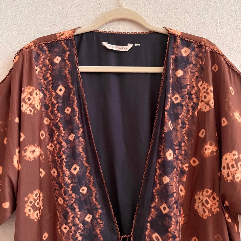 Soft Surroundings Brown Long Line Ikat Kimono Tie Front Cardigan - Picture 3 of 11